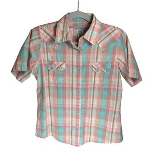 Wrangler Short Sleeve Plaid Western Shirt Women's Medium Coral Teal Snap Front